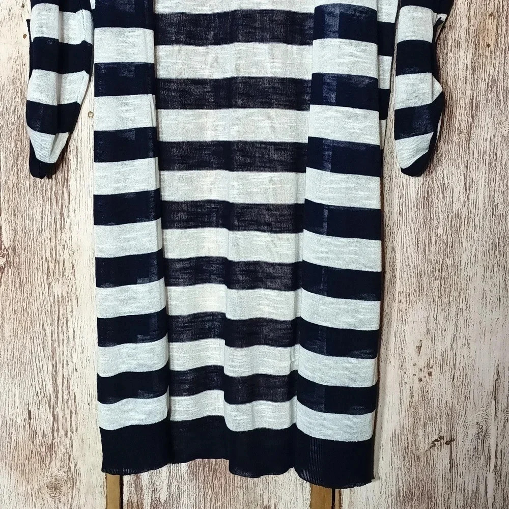 Sheer Navy White Striped Cardigan 3/4 Sleeves Coastal Capsule Nautical M - Picture 6 of 11
